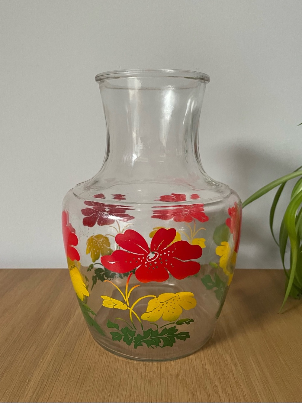 Vintage Anchor Hocking Carafe Red & Yellow Poppy Floral Glass Pitcher 40oz 1950s